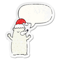 cute cartoon christmas bear and speech bubble distressed sticker