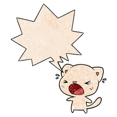 cute cartoon cat crying and speech bubble in retro texture style