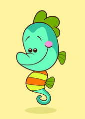 Cute cartoon seahorse smiling. This vector character has a modern humor design. You can easily edit the colors. It will help you complement your project, party, website, pattern, wallpaper or sticker.