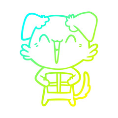 cold gradient line drawing happy little cartoon dog with present