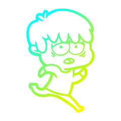 cold gradient line drawing cartoon exhausted boy