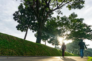 Fototapeta premium public park in the morning with a ray light in indonesia