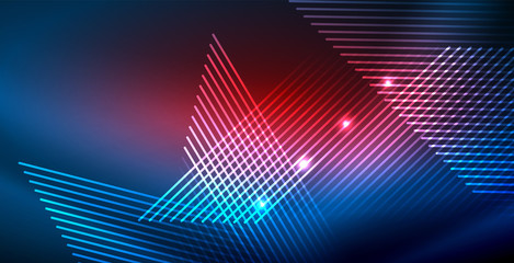 Obraz premium Neon glowing techno lines, blue hi-tech futuristic abstract background template with lights