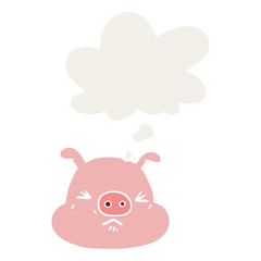 cartoon angry pig face and thought bubble in retro style