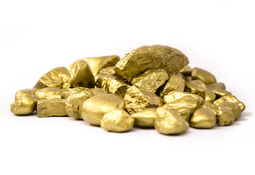 gold nuggets on white background isolated. High resolution photo of gold stones. Concept of luxury and wealth.