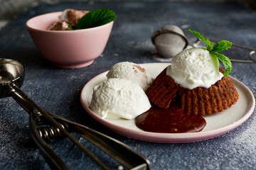 Lava cake. Lava cake with vanilla ice cream. Chocolate souffle.