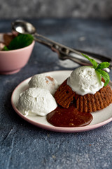Lava cake. Lava cake with vanilla ice cream. Chocolate souffle.
