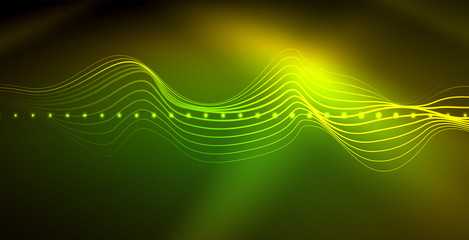 Glowing abstract wave on dark, shiny motion, magic space light. Techno abstract background