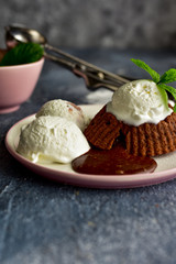 Chocolate lava cake with ice cream served on plate