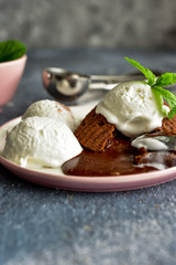 Lava cake. Lava cake with vanilla ice cream. Chocolate souffle.