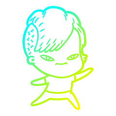 cold gradient line drawing cute cartoon girl with hipster haircut