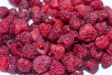 Red Raspberries in a square wooden pint container full isolated on white. Red raspberries in a white container. Red raspberry close-up