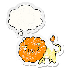 cartoon lion and thought bubble as a distressed worn sticker