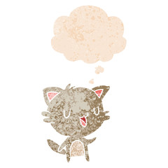 cartoon happy cat and thought bubble in retro textured style
