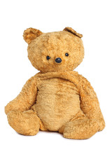 Old teddy bear on white background