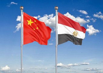 China vs Egypt. Thick colored silky flags of European Union and Uruguay. 3D illustration on sky background. – Illustration