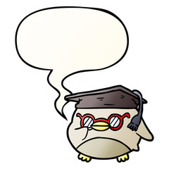 cartoon clever old owl and speech bubble in smooth gradient style