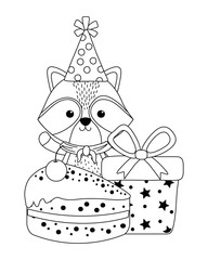 Raccoon cartoon with happy birthday icon design