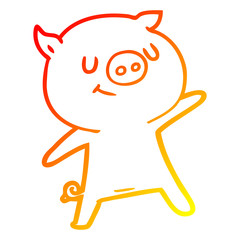 warm gradient line drawing happy cartoon pig waving