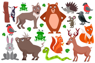 Set of cute cartoon forest animals. vector flat illustration.