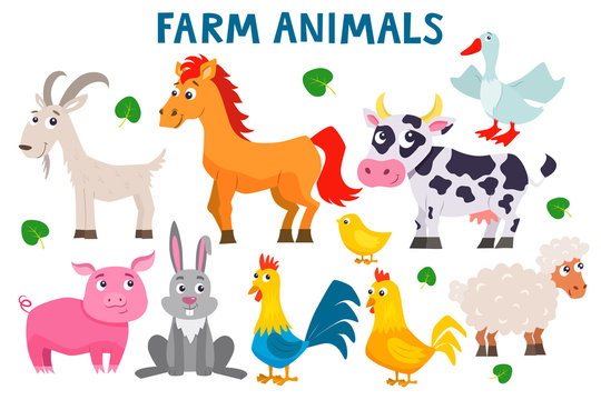 Set of cute cartoon farm animals. Vector flat illustrations.