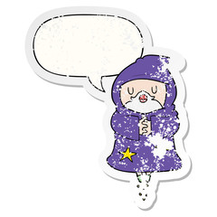 cartoon floating wizard and speech bubble distressed sticker