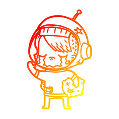 warm gradient line drawing cartoon crying astronaut girl carrying rock sample