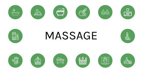 Set of massage icons such as Hot tub, Lithotherapy, Jacuzzi, Herbal, Massage, Thalassotherapy, Facial treatment, Sauna, Spa, Aromatherapy, Incense , massage