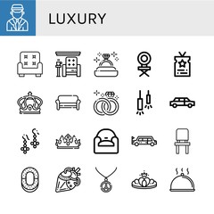 Set of luxury icons such as Chauffeur, Armchair, Diamond ring, Chair, Vip, Crown, Sofa, Wedding ring, Ceiling lamp, Limousine, Earrings, Ring, Artificial heart, Necklace , luxury