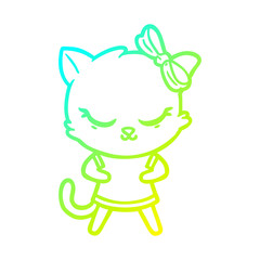 cold gradient line drawing cute cartoon cat with bow
