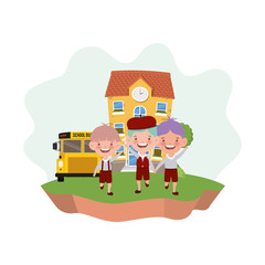 Obraz na płótnie Canvas students boys with school building and bus
