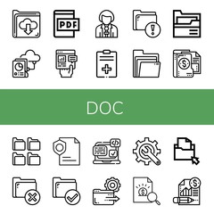 Set of doc icons such as Folder, Pdf file, Report, Reporter, Folders, Page, Svg, Content , doc