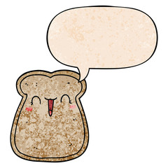 cute cartoon slice of toast and speech bubble in retro texture style