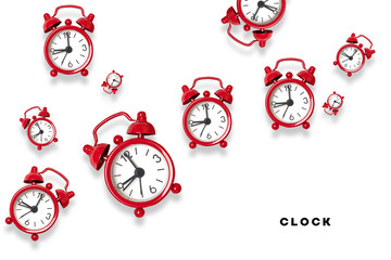 Flat lay composition of red alarm clocks pattern on gray background with space for text. Flat lay,...