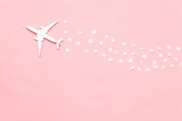 Travel concept with plane and flower petals on pink background with copy space. Travel Planning