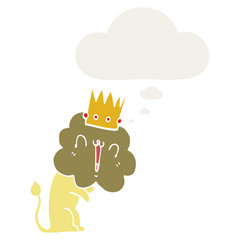 cartoon lion with crown and thought bubble in retro style