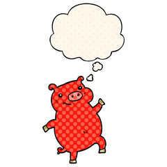 cartoon dancing pig and thought bubble in comic book style