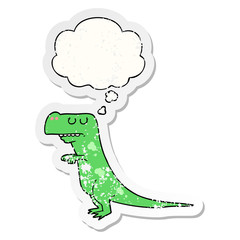 cartoon dinosaur and thought bubble as a distressed worn sticker