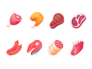 Meat icon set. Beef, pork, ribs, chicken and fish icons isolated on white
