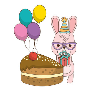 Rabbit cartoon with happy birthday icon design