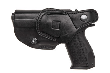 Gun in black leather holster isolate on white background.