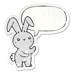 cute cartoon rabbit and speech bubble distressed sticker