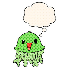 cartoon jellyfish and thought bubble in comic book style