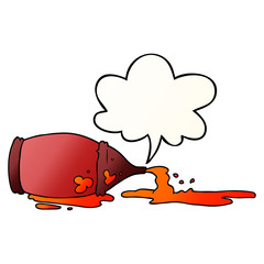 cartoon spilled ketchup bottle and speech bubble in smooth gradient style