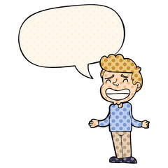 cartoon boy shrugging and speech bubble in comic book style