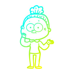 cold gradient line drawing cartoon happy old woman
