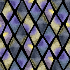 Seamless pattern with watercolor hand painted textured rhombus on black background