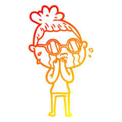 warm gradient line drawing cartoon crying woman wearing spectacles
