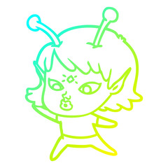 cold gradient line drawing pretty cartoon alien girl