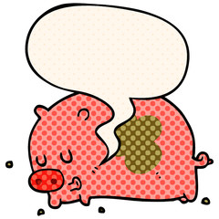 cute cartoon pig and speech bubble in comic book style